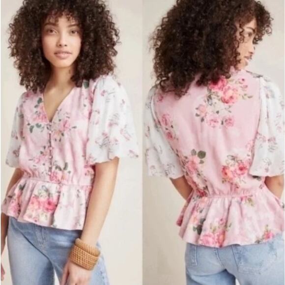 Hemant & Nandita Floral Pink Peplum Sheer‎ Sleeve Blouse Size Large - Picture 1 of 9